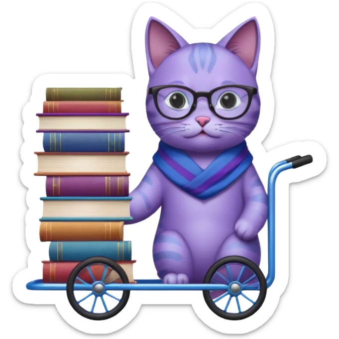 Purple and blue cat with reading glasses and a shawl, standing behind a 4 wheeled pushcart full of books sticker