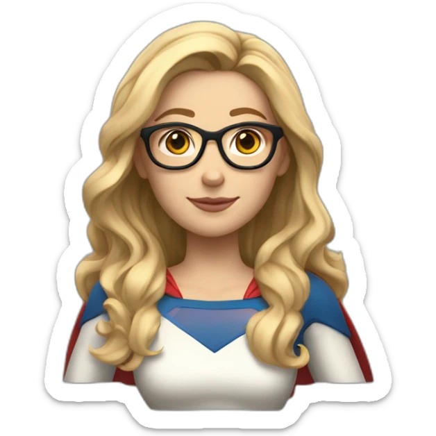 Caucasian Supergirl upper body long wavy hair and glasses with an "F" in the chest sticker