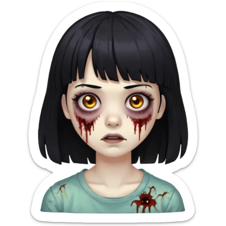 Zombie girl, black hair with bangs, slightly wavy, layered haircut, long eyelashes, black eyes. sticker