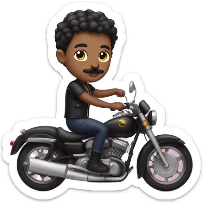 A cute boy with a mustache and a black short haircut on a motorcycle sticker