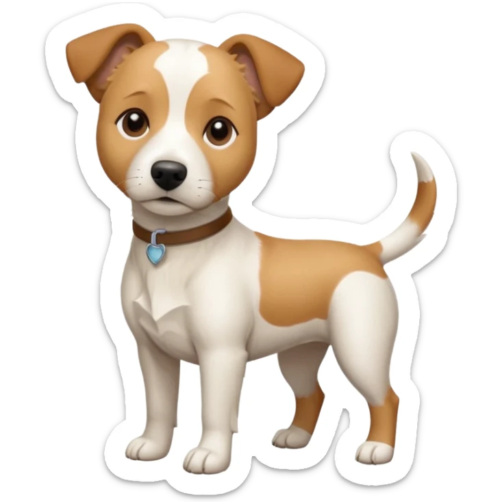 a full body facing front on of a buff white beagle cross jack russell terrier looking dog the size of a kelpie with light brown long ears resting on its face and a light brown patch above one eye and a large snout. the rest of the dog is completely white.  sticker