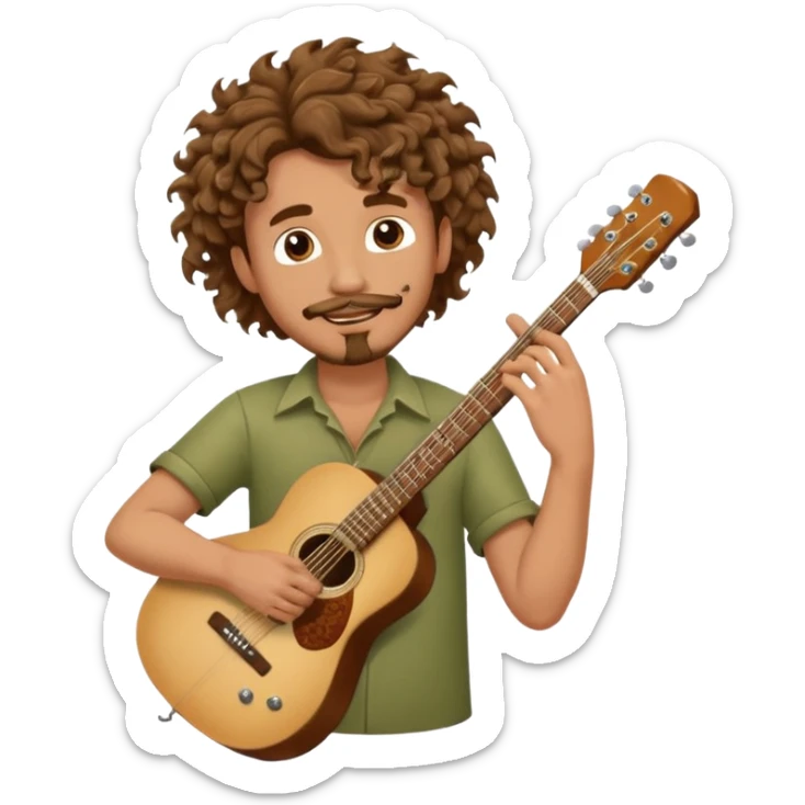Generate a dude with curly hair and a shitty goatee who is high on marijuana playing the guitar and twisting a strand of his hair sticker