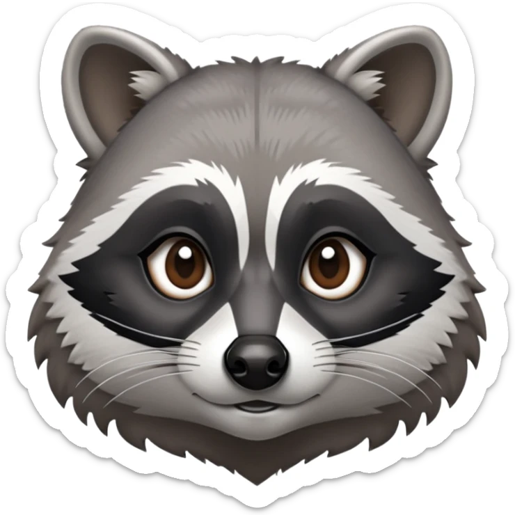 Cinematic-Noble-Raccoon-Portrait-Emoji – Poised and confident, with a sturdy build and a beautifully textured fur of silver-grey accented by dark black facial markings, deep-set, intelligent brown eyes, simplified yet sharp and sophisticated zoom out to show shoulders sticker