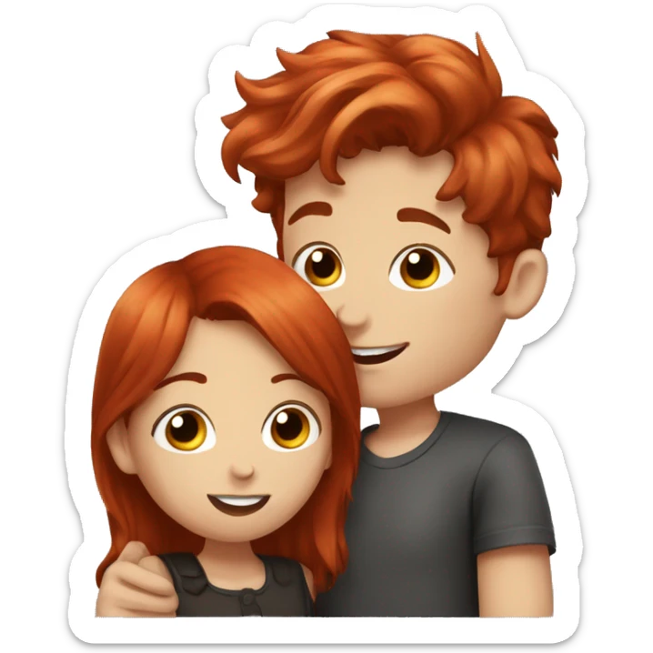 A red-haired girl with kisses a black-haired boy with great love sticker