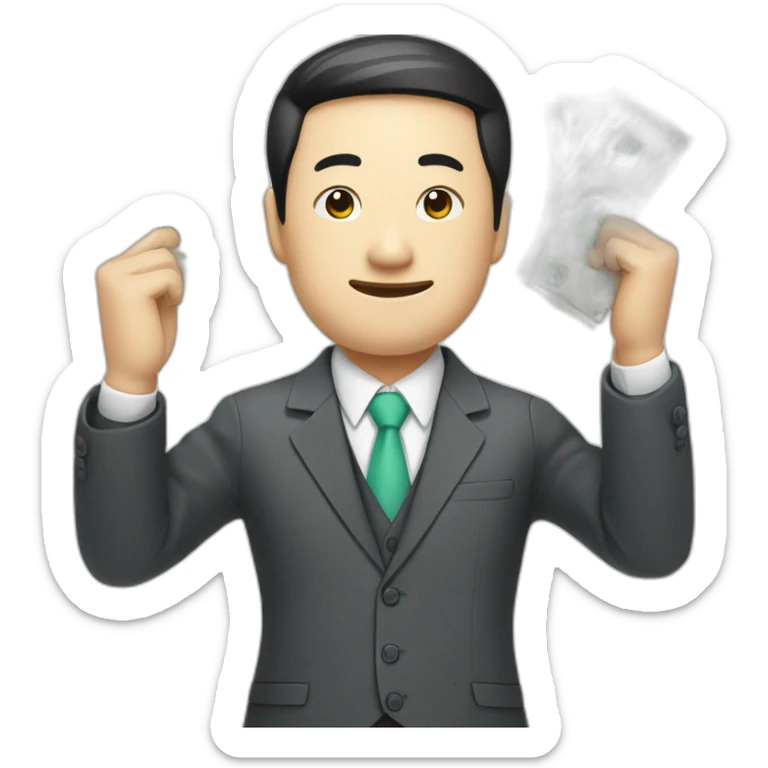 Draw a Chinese character, full body, wearing suits, with lots of RMB bills sticker