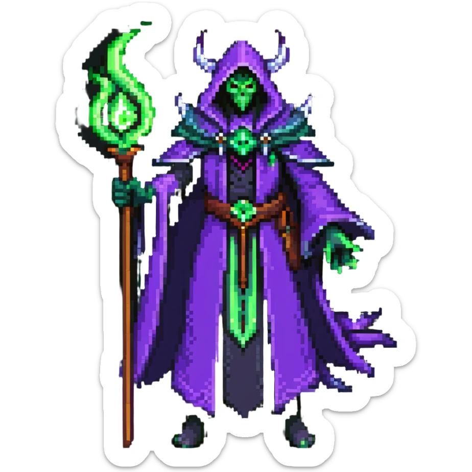 warlock with purple robes, green fel magic, demonic energy, holding a staff, World of Warcraft character sticker