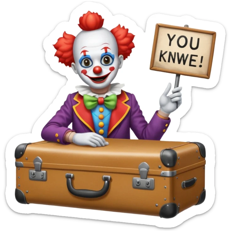 A clown in a suitcase with a sign that says “you know you like it” sticker