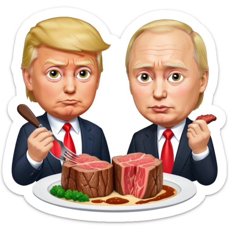 photorealistic Donald Trump and Putin eating a steak shaped like an piece of land sticker