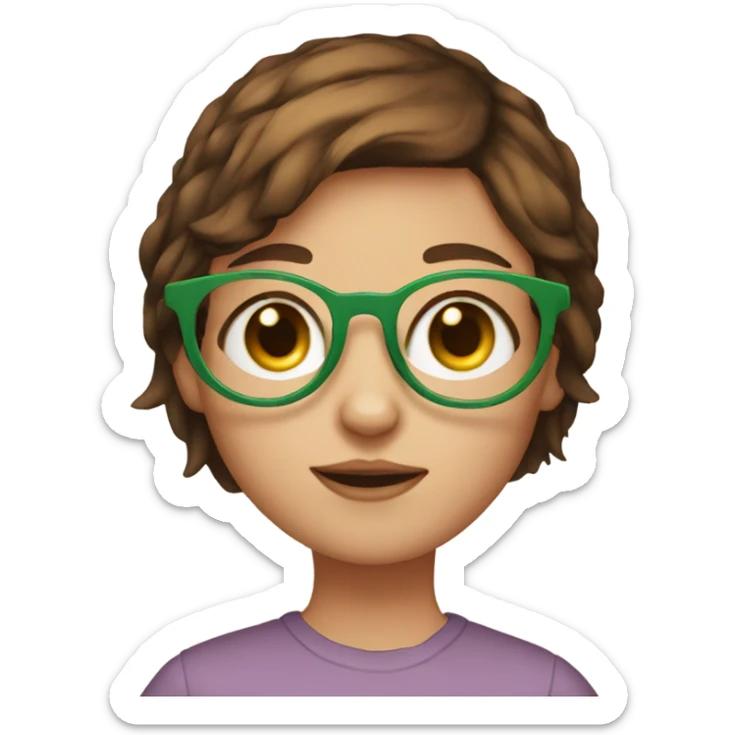 Girl with short brown hair and green eyes and circular glasses holding orange cat sticker