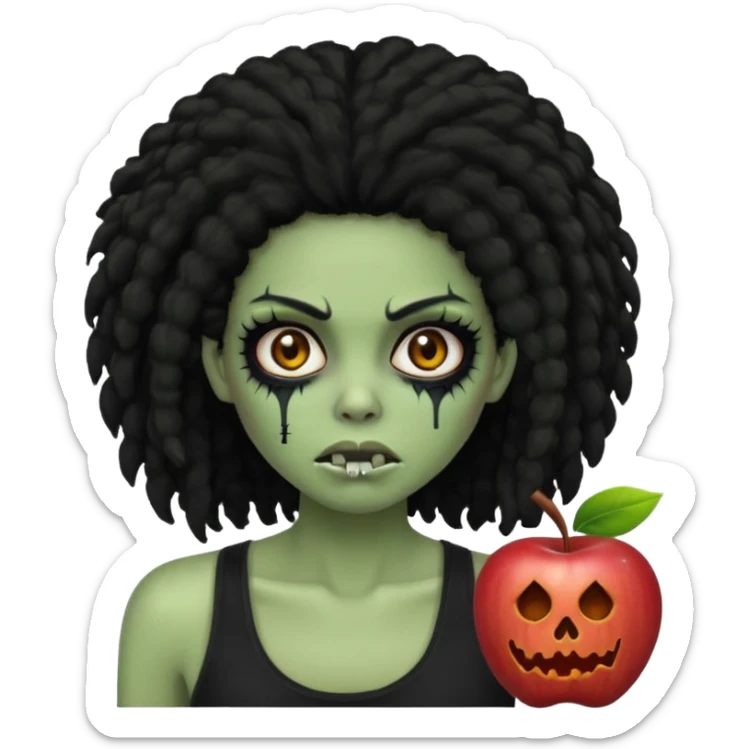 a female zombie with sage green skin, black long afro hair, eyelashes and a black tank top in apple emoji style sticker