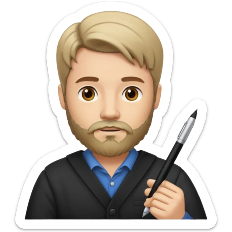 un escritor con barba y cabello medio largo raya en medio, escribiendo sticker