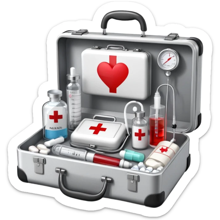 An icon featuring a medical suitcase with a red cross, a bottle of pills, a stethoscope, and a syringe, symbolizing medicine. The design includes a thermometer, bandages, and a heart monitor, representing healthcare and medical treatment. Transparent background highlights the science of healing. sticker