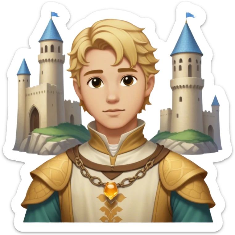 Medieval summer outfit worn by a DnD themed fantasy male character. Character has honey blonde hair swept back from the temples, reaching the nape of the neck with natural waves throughout. sticker