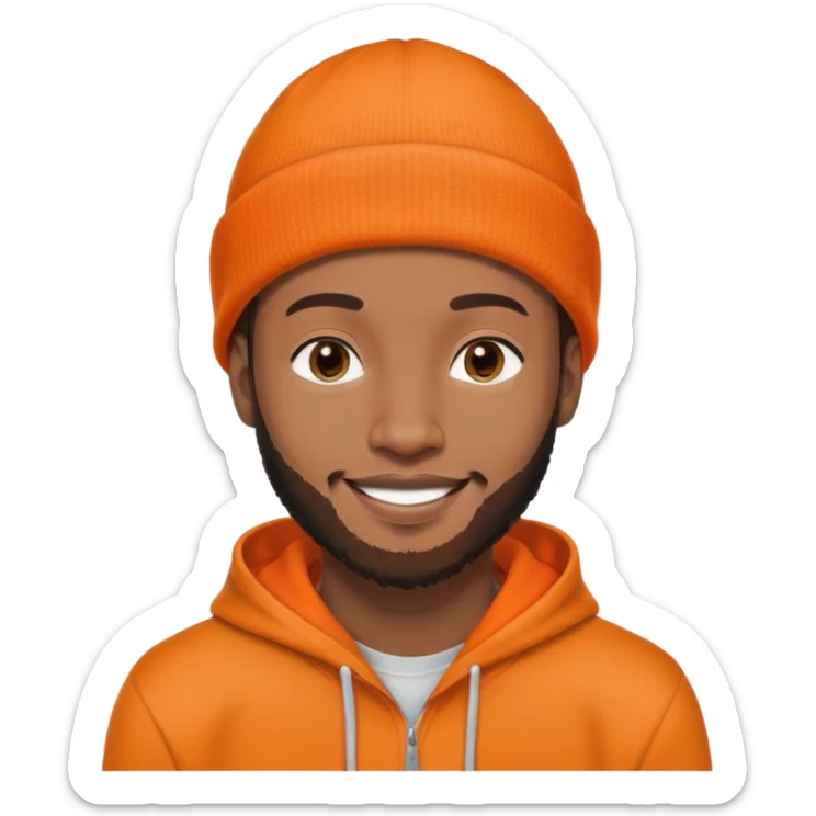 African yound man in his late 20s with a beanie and a bright smile with a short boxed beard, and a low cut hair, orange hoody sticker