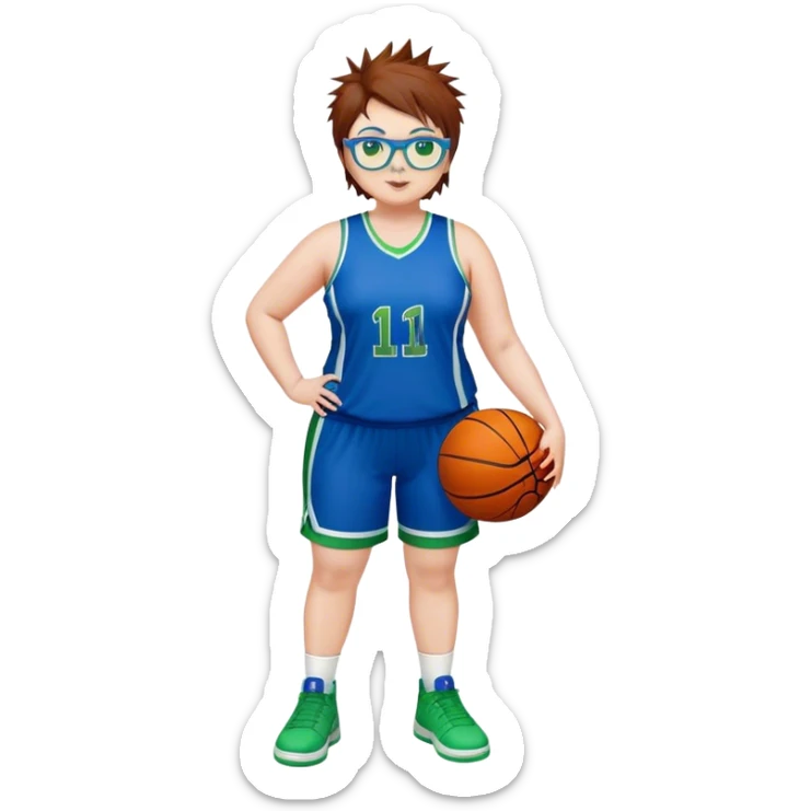 Full Body white plus size Girl with basketball spikey short brown HAIR wearing blue glasses with green eyes wearing blue and green basketball uniform PLAIN sticker