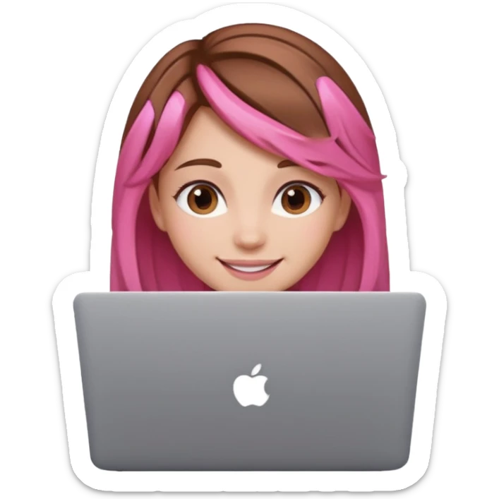 Make an apple emoji of a girl with brown hair that has pink strands of hair with her face behind a laptop screen facing her. sticker