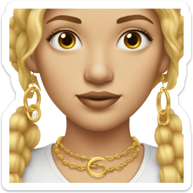 white woman with hazel eyes and straight blonde hair wearing gold necklace and small gold hoop earrings sticker
