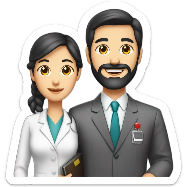 husband classic executive 55 dark hair trimmed beard wearing business suit holding bible, with wife asian age 55 dark hair wearing nurse uniform sticker