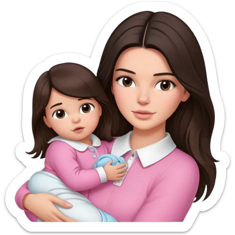 brunette Kendall Jenner with long hair holding on the hands newborn baby wear on pink collar sticker