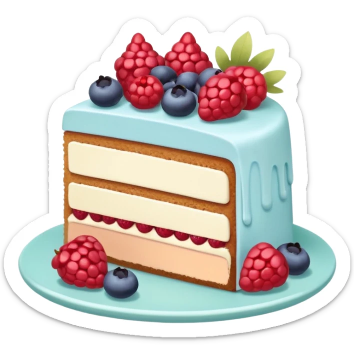 Confectionery humanless avatar in bright emoji-style illustration. Cake slice with cream and berries, pastel colors, simple shapes, flat design, sweet and inviting. sticker
