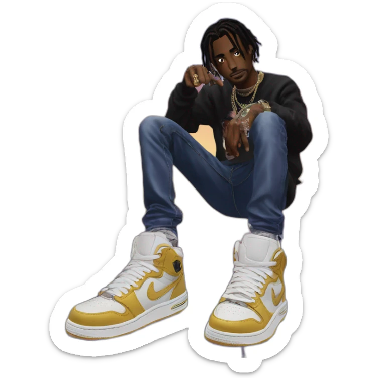 Playboi carti album cover with Travis scott and their pointing a the Travis scott shoes sticker