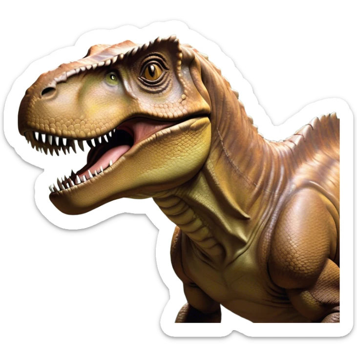 Beautiful and Majestic T-rex Portrait Emoji, Head and body resting peacefully with a serene, confident expression, showcasing its colossal, muscular form and a subtle, regal glint in its eyes, Simplified yet exquisitely endearing features, highly detailed, glowing with a soft, drowsy prehistoric light, high shine, relaxed and utterly majestic, stylized with an air of ancient splendor, soft glowing outline, capturing the essence of a beautiful and majestic T-rex that feels destined to become the next viral icon of awe-inspiring dinosaur beauty! sticker