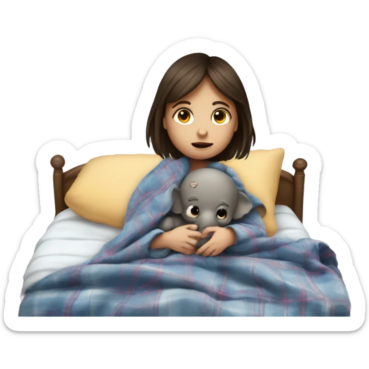 A sick brunette little girl in a bed with a fever, stomach flu, a plaid blanket and a stuffed elephant sticker