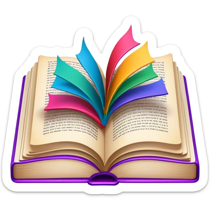 Colorful illustration icon, drawn scene in an open book, marker strokes, vivid colors, minimalistic design, book pages with partially completed artwork, transparent background. sticker