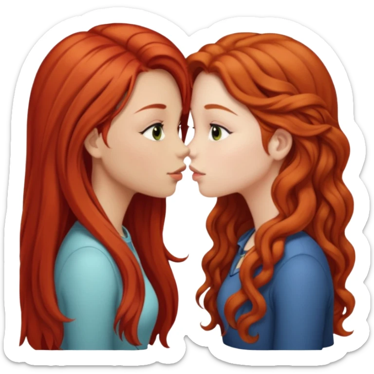 two girls kissing, one with long straight red hair, the other with long curly light brown hair sticker