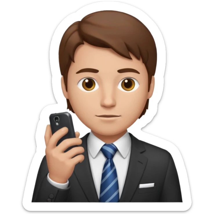 Un hombre masculino,  de traje con tez clara pelo color castaño, vestido con traje camisa y corbata y celular en mano .  sticker