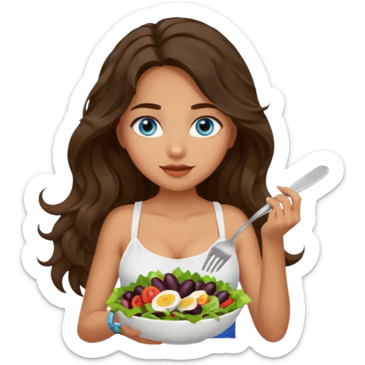 Girl with olive skin, blue eyes, brown dark insanely wavy long hair, white camisole eating a salad  sticker