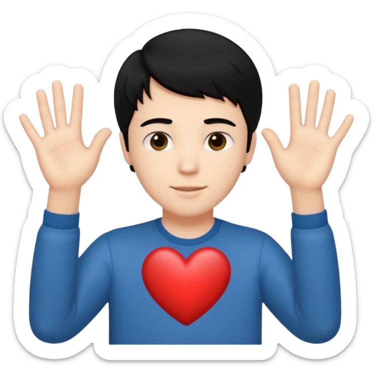 White boy with black hair holding up hands in the shape of a heart sticker