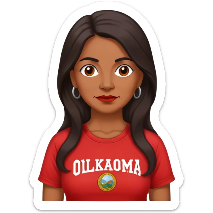 Realistic 50 year old Mexican woman long hair in a red “OKLAHOMA” t-shirt sticker