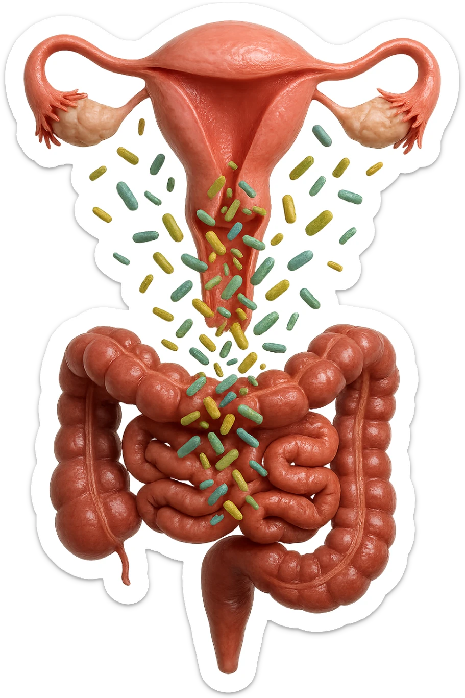 UTERO UMANO E INTESTINO ANATOMICI REALISTICI SONO UNO SOPRA ALL'ALTRO E SI PASSANO I BATTERI A VICENDA, CON BATTERI CHE ESCONO DALL'INTERNO, IPERREALISTICO 4K, NON DISEGNATO sticker