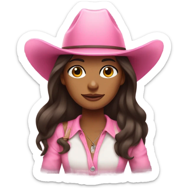 Brown girl with very long darn brown hair wearing a pink cowgirl hat sticker