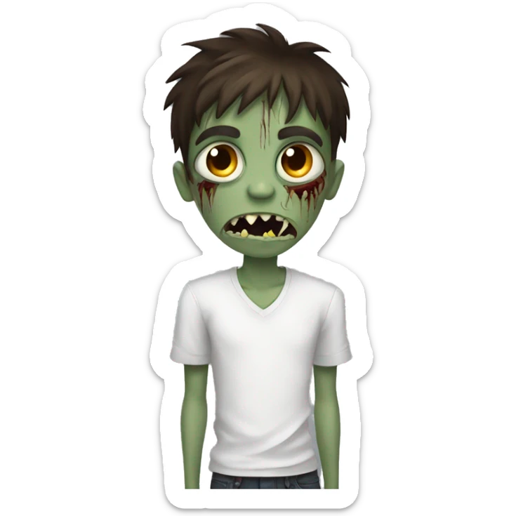 boy zombie teen with scared expression and dark brown hair and white slim shirt sticker