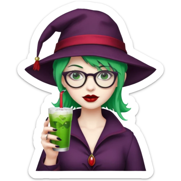 vampire green hair Drink holders with hat, wearing glasses, female sticker