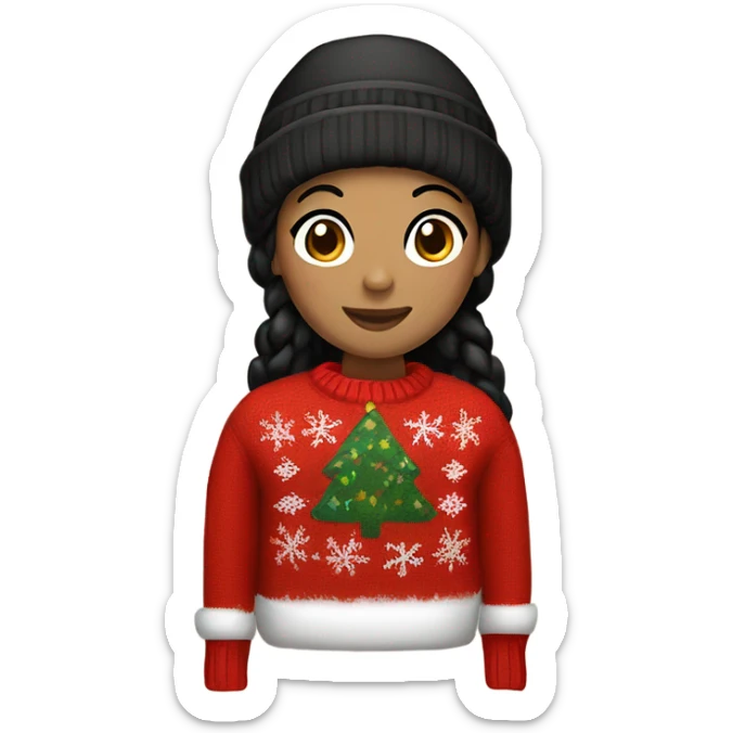 Red Christmas sweater on tan woman with black hair and a beanie  sticker