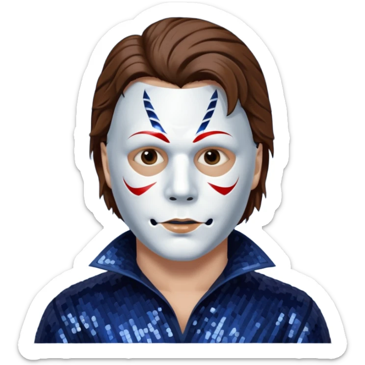 Michael Myers with white mask with brown hair, dark indigo sequin outfit  sticker