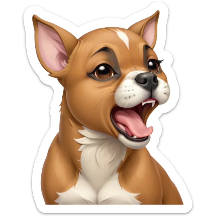 Cinematic Cute Yawning Fawn Boxer Portrait Emoji, Head tilted slightly with a dramatic, wide-open yawn, showcasing a short fawn coat with a crisp white muzzle and chest, floppy ears slightly drooping, round brown eyes barely open in drowsy contentment, Simplified yet irresistibly adorable features, highly detailed, glowing with a soft, cozy glow, high shine, relaxed yet expressive, stylized with a touch of whimsy, bright and endearing, soft glowing outline, capturing the essence of a sleepy yet affectionate guardian, so drowsy it feels like it could stretch right out of the screen and curl up for a nap! sticker