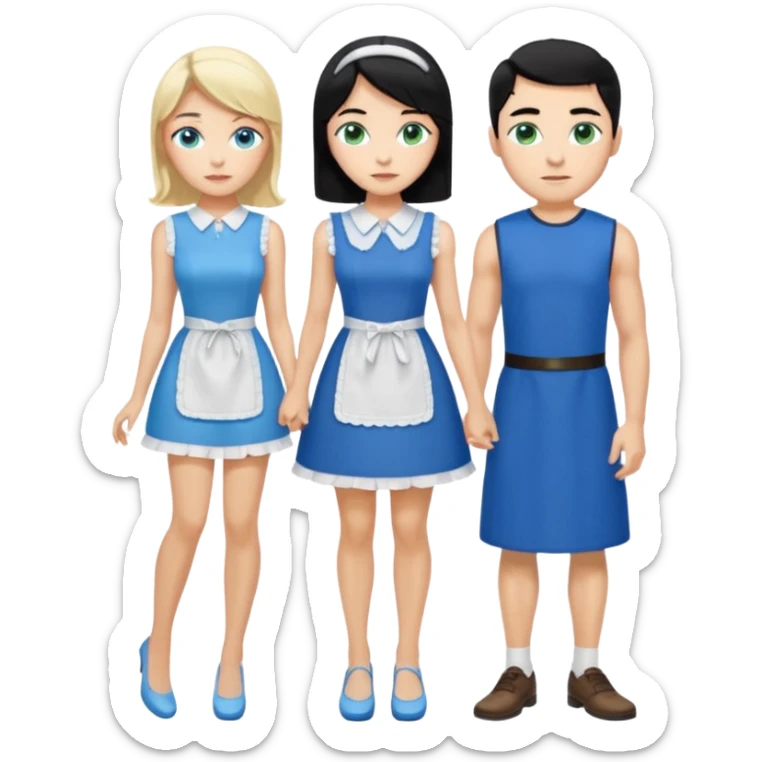 King, black hair, body, legst, blue eyes, blue garmont,  shoes, blonde maid, green eyes, sexy short sleveless White dress, shoes sticker