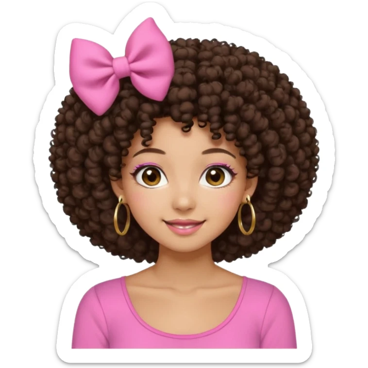 Naturally tan skin girl short darkBrown curly afropink shirt very long lashes hoop gold earrings Brown eyes gyaru smiling closed mouth cute non perfect circular afro. Pink bow hairclip sticker