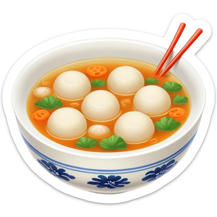 Fujian fish ball soup with clear broth in bowl, simplified emoji style with bold outlines and bright colors, cartoon style Southern Chinese breakfast Yu Wan Tang sticker