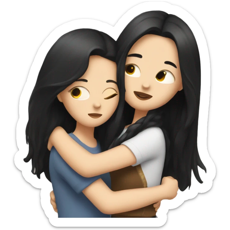 Lesbian with long black hair and white skin hugging her girlfriend from behind sticker