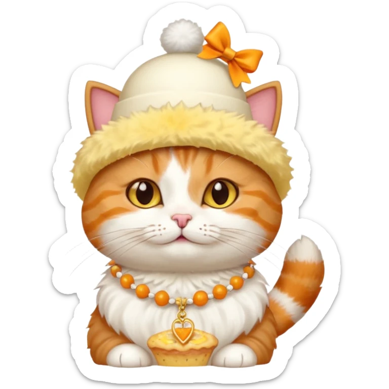 cat wearing a creamy cake hat with fun necklace around his neck and a yellow bow in the middle sticker