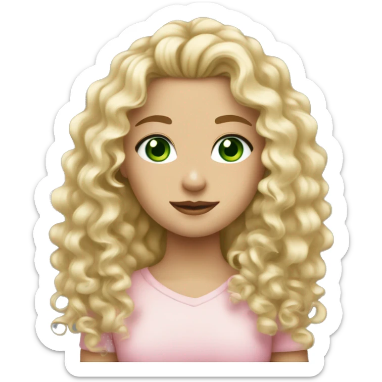 Dirty blonde curly hair, fair skin, green eyed blonde girl wearing light pink sticker