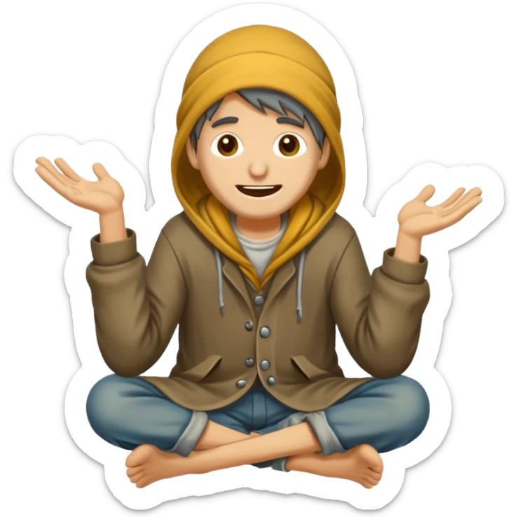 beggar who is also a homeless person poor with damaged clothing but happy face sticker