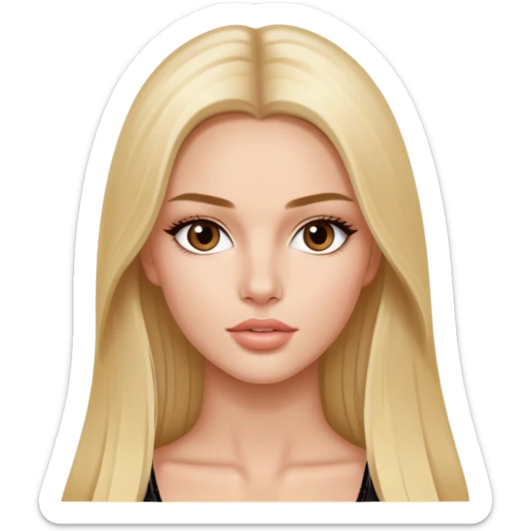 victoria’s secret model with long blonde straight hair, dark brown almond eyes, face oval shape, small lips sticker