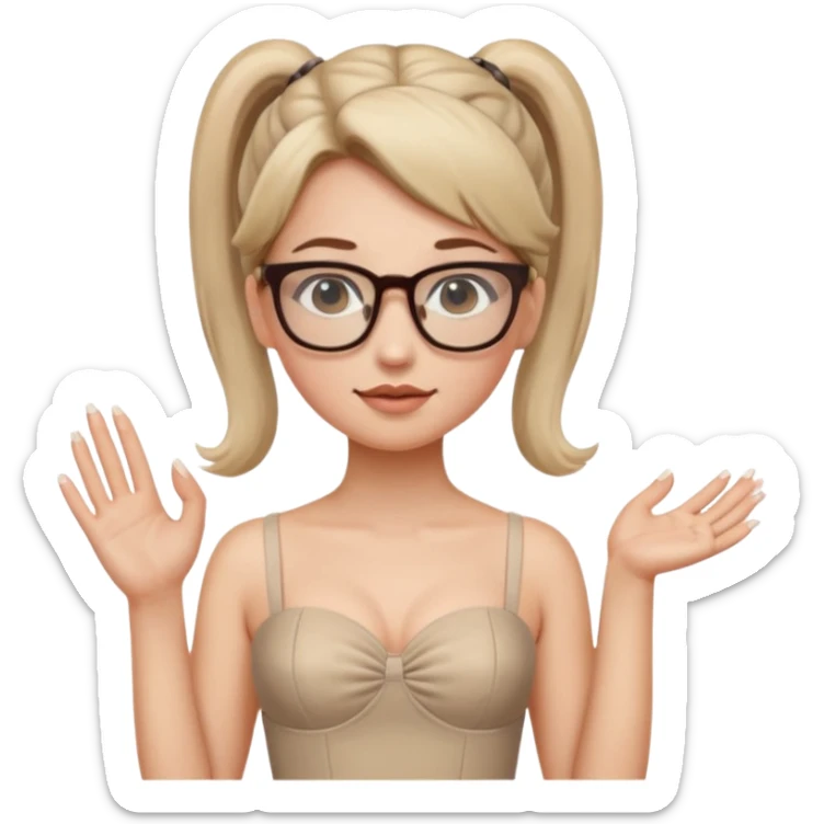 Une fille avec une robe courte en bustier beige avec des lunettes et une demie queue , des ongles en french manucure  sticker