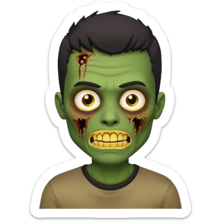 I want you to give me a zombie man and his skin its green who has golden teeth, yellow eyes, eyebrows and black hair, the hair I want to be a medium modcut cut and is wearing a brown affliction T-shirt and the style being like a memoji from iphone sticker
